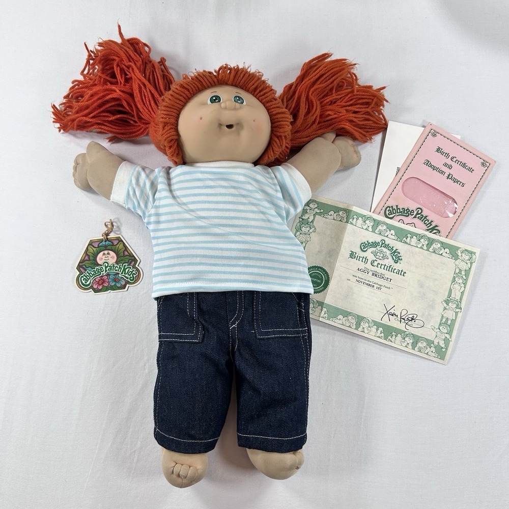 Vintage Cabbage Patch Doll Red Hair Green Eyes Aggy Bridget 1978 OK Black Sign
